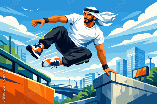 Arab man in traditional attire performs a dynamic parkour jump over urban obstacles