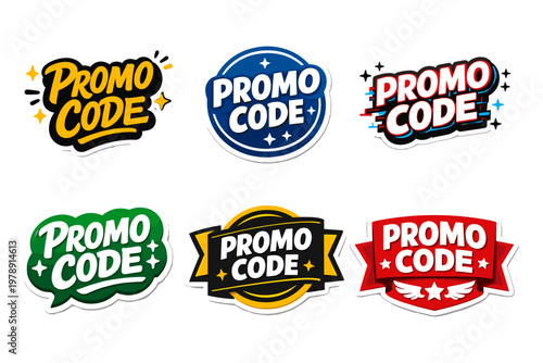 Collection of diverse promo code stickers for marketing and sales promotions