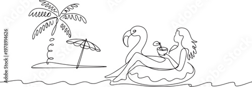 beach vacation summer travel woman with swimming pool inflatable flamingo float toy beach coconut palm tree and umbrella. one line icon drawing vector