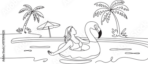 beach vacation summer travel woman with swimming pool inflatable flamingo float toy beach coconut palm tree and umbrella. one line icon drawing vector