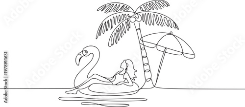 beach vacation summer travel woman with swimming pool inflatable flamingo float toy beach coconut palm tree and umbrella. one line icon drawing vector
