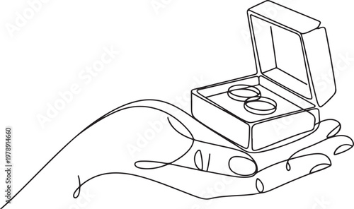 hand holding wedding couple rings in open elegant box. one line icon drawing vector