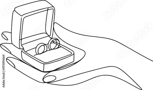 hand holding wedding couple rings in open elegant box. one line icon drawing vector