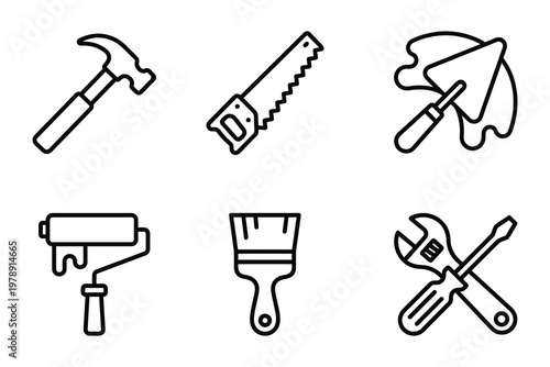 Construction and diy tools icons set with paint roller tool kit home improvement construction building handyman illustration equipment instrument