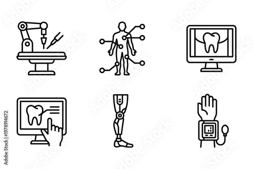 Medical technology and healthcare icons set with robot arm human body prosthetic leg appliance technology healthcare innovation orthopedics robotics