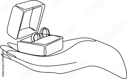 hand holding wedding couple rings in open elegant box. one line icon drawing vector