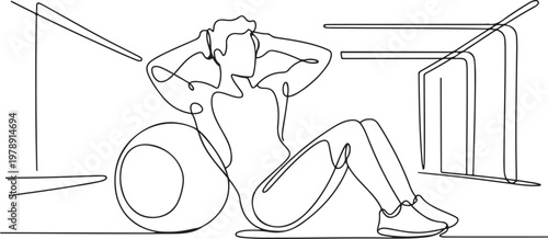 young energetic man exercise sit up and stretch with fitness ball in gym fitness healthy lifestyle sport. one line icon drawing vector