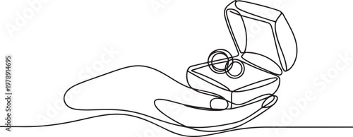 hand holding wedding couple rings in open elegant box. one line icon drawing vector
