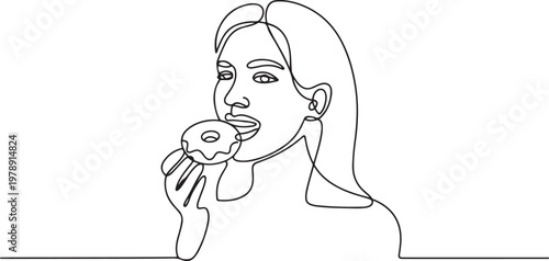 woman hold and eat sweet donut in closeup portrait. one line icon drawing vector