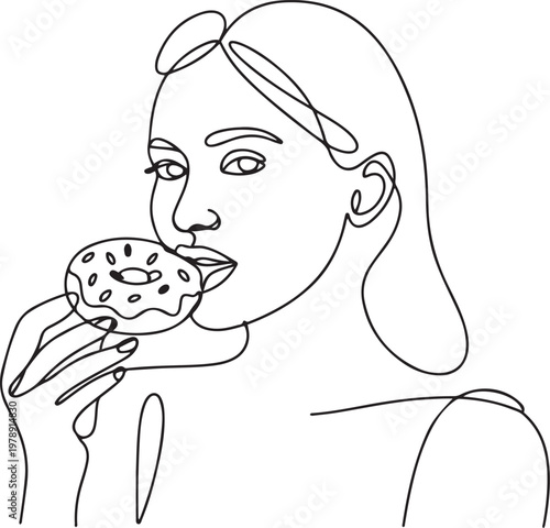woman hold and eat sweet donut in closeup portrait. one line icon drawing vector