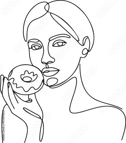 woman hold and eat sweet donut in closeup portrait. one line icon drawing vector