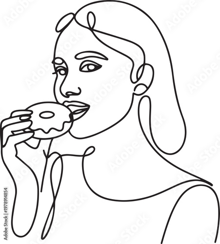 woman hold and eat sweet donut in closeup portrait. one line icon drawing vector