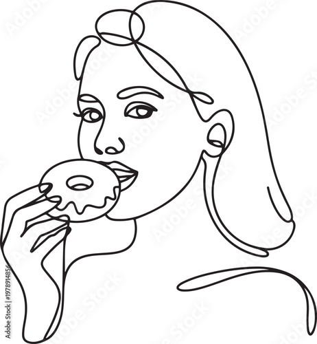 woman hold and eat sweet donut in closeup portrait. one line icon drawing vector
