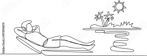 beach vacation summer travel man relaxing with swimming pool. one line icon drawing vector