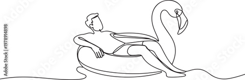 beach vacation summer travel man relaxing with swimming pool. one line icon drawing vector