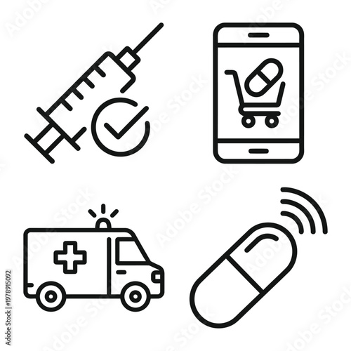 Healthcare and medical service icons set with check mark mobile phone shopping cart ambulance healthcare medicine pharmacy treatment emergency hospital