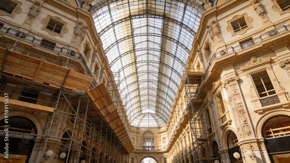 Fototapeta premium Luxury Shopping Arcade Ceiling Under Construction with Vaulted Glass Roof and Ornate Stone Detailing