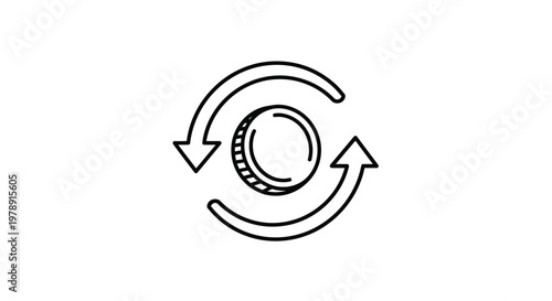 Coin with Circular Arrows Icon, symbolizing Currency Exchange and Financial Transaction, isolated white background.