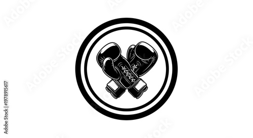 Boxing Gloves in Circle Icon, symbolizing Combat Sport and Strength Training, isolated white background.