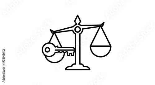 Scales of justice with a key, symbolizing legal solutions, balance, and fairness on an isolated white background.