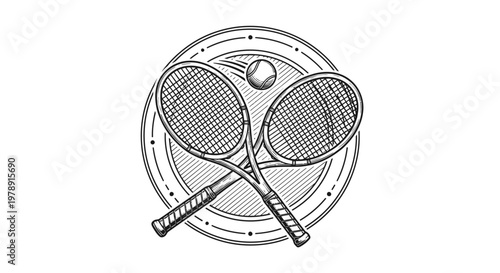 Two crossed tennis rackets and a tennis ball, illustrating the sport of tennis and competitive play on an isolated white background.
