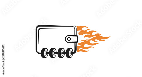 Burning wallet with credit cards and stylized flames, depicting fast financial transactions or rapid spending, on an isolated white background.