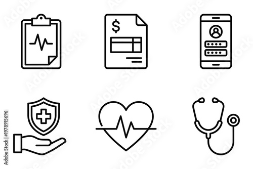 Healthcare insurance and medical icons set with medical record dollar sign mobile phone clipboard heartbeat document stethoscope healthcare insurance