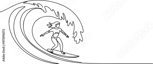 professional surfing athlete woman ride surfboard on big wave. One line art of extreme sport. one line icon drawing vector