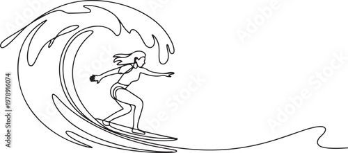 professional surfing athlete woman ride surfboard on big wave. One line art of extreme sport. one line icon drawing vector