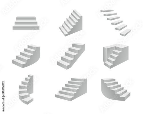 Set of 9 grey 3D isometric staircase icons. Collection of minimal modern stair designs.