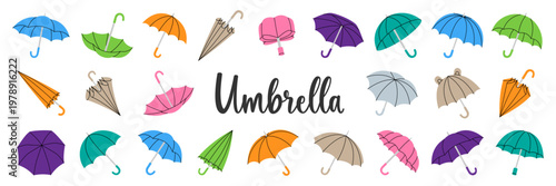 Colorful vector umbrella collection with various styles and shapes, seamless pattern of open and closed umbrellas for decor and design
