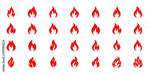 Set of 28 red fire flame icons isolated on white background. Vector burning flame symbols for hot, heat, energy and fire concept design