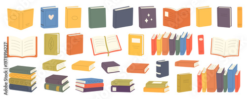 Large flat vector collection of books in various positions and styles. Colorful and playful educational illustration