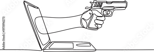 Continuous line drawing art of hand holding gun coming out from the laptop or notebook screen. one line icon drawing vector
