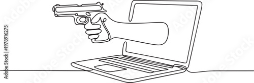 Continuous line drawing art of hand holding gun coming out from the laptop or notebook screen. one line icon drawing vector