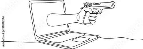 Continuous line drawing art of hand holding gun coming out from the laptop or notebook screen. one line icon drawing vector