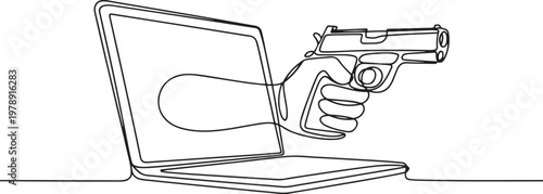 Continuous line drawing art of hand holding gun coming out from the laptop or notebook screen. one line icon drawing vector