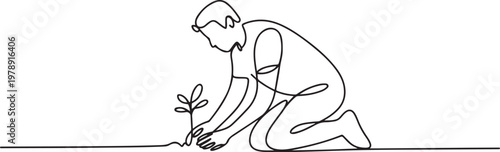 man planting plant on the ground. Gardening single line draw vector illustration. one line icon drawing vector