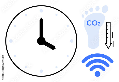 Sustainability, energy efficiency, carbon neutral goals, time management, wireless technology, remote innovation. Clock with descending CO2 footprint and wireless waves. Sustainability and energy