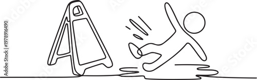 Continuous one line drawing of Wet floor caution sign. Public warning slippery. one line icon drawing vector