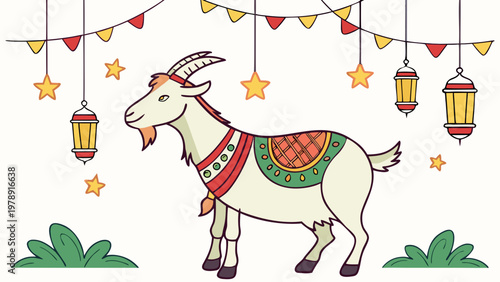 A colorful illustration of a goat decorated with festive accessories and surrounded by lanterns and stars