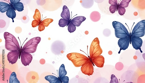 Colorful butterflies in purple orange and blue fly against soft pastel circles background. Delicate insect wings create whimsical abstract pattern for art and decor. Spring nature theme.