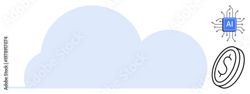 Cloud services, AI development, digital economy, machine learning, financial technology, data storage. Large cloud with AI chip icon and coin graphic. Cloud services and AI development concepts