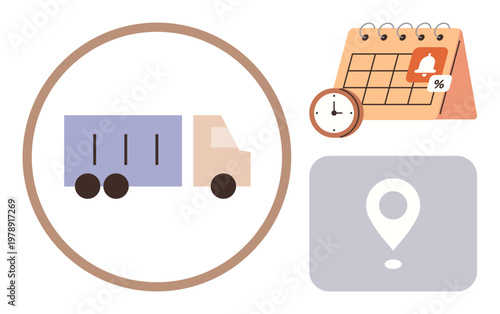 Supply chain, delivery tracking, time management, logistics planning, shipment schedules, and location accuracy. Illustrated truck, calendar with alert clock and a location pin. Supply chain