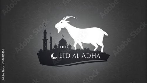 Eid Al Adha Celebration with Goat and Mosque Silhouette