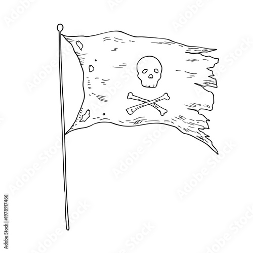 Vector Pirate Flag with Skull and Crossbones. Hand painted linear illustration. Graphic monochrome sketch isolated on background. For designers, prints, logo, icon, menu, postcards, holiday, covers