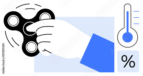 Stress relief, focus enhancement, productivity, relaxation, time management, fun activity. A hand spinning a fidget spinner, thermometer percentage icon. Stress relief and focus enhancement concept