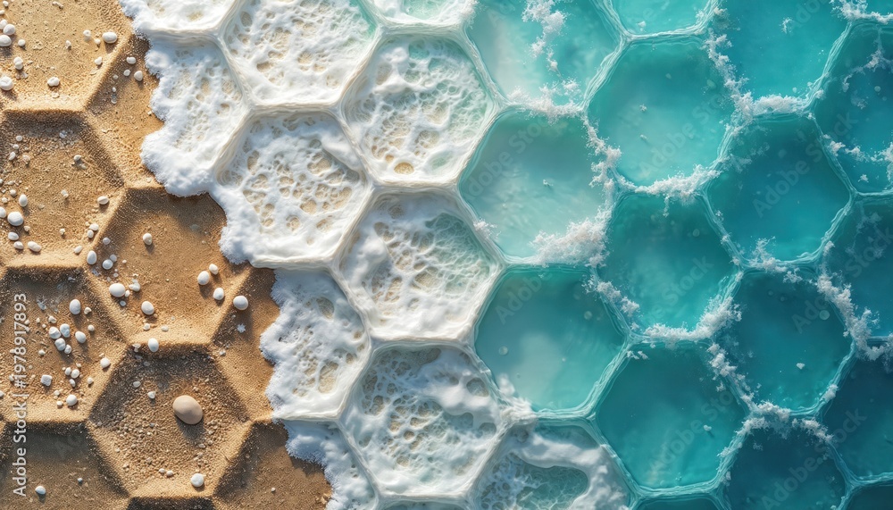 Fototapeta premium Hexagonal patterns show beach sand and ocean water. Waves crash and foam cover the shore creating natural texture. Blue aqua sea meets golden beach creating vivid abstract art.