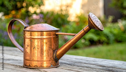 Vintage Copper Watering Can Sitting on Weathered Wooden Table in Sunny Garden