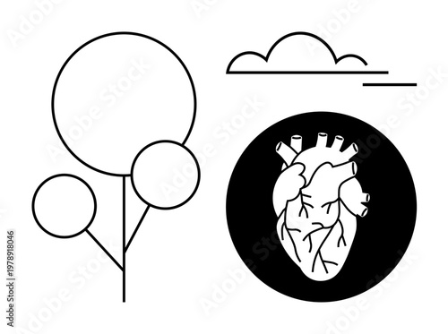 Environment, healthcare, cardiology, anatomy, ecology, sustainability. Minimal illustration with a tree, a detailed heart and a cloud. Environment and healthcare concept